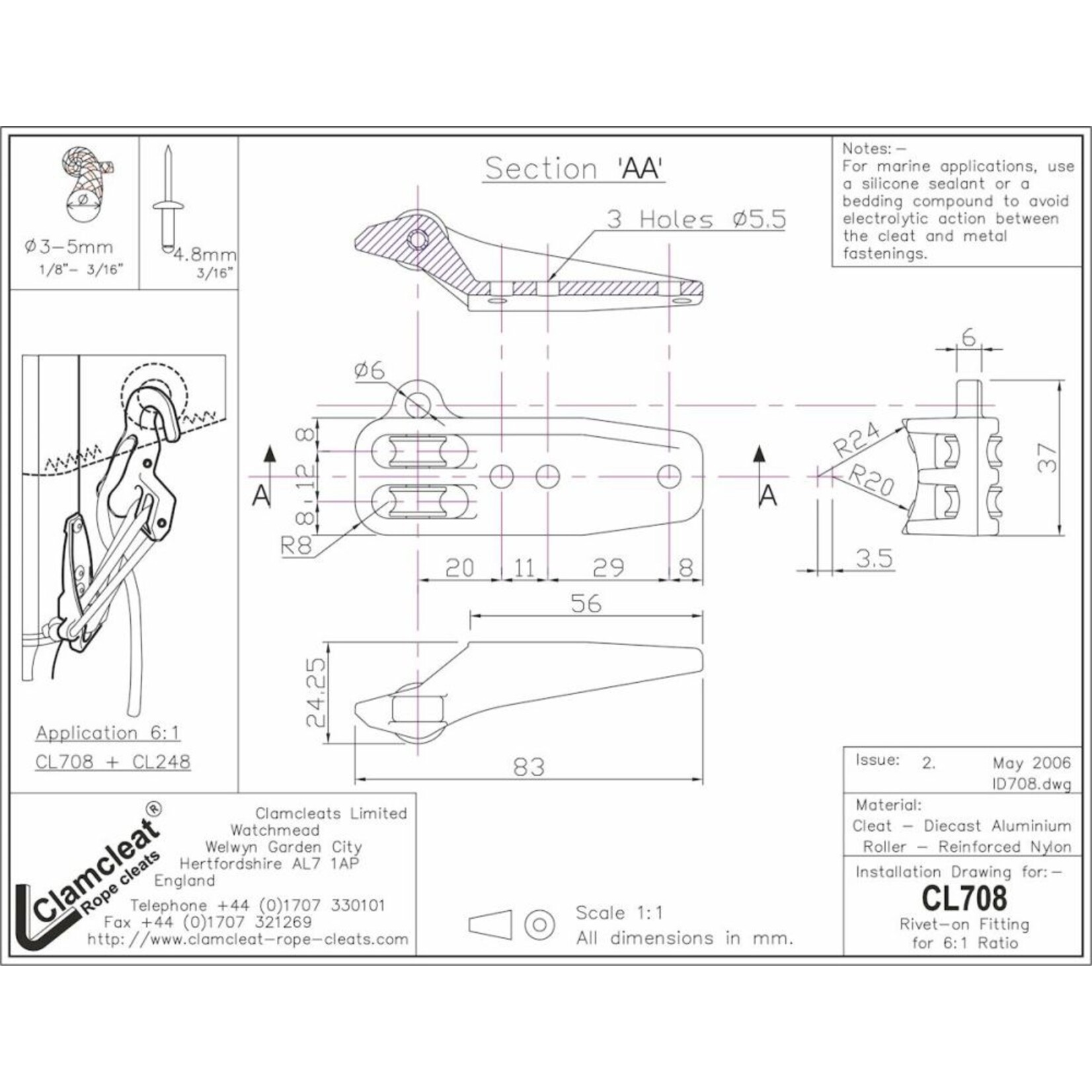 Clamcleat Rivet-On Fitting for 6:1 Ratio