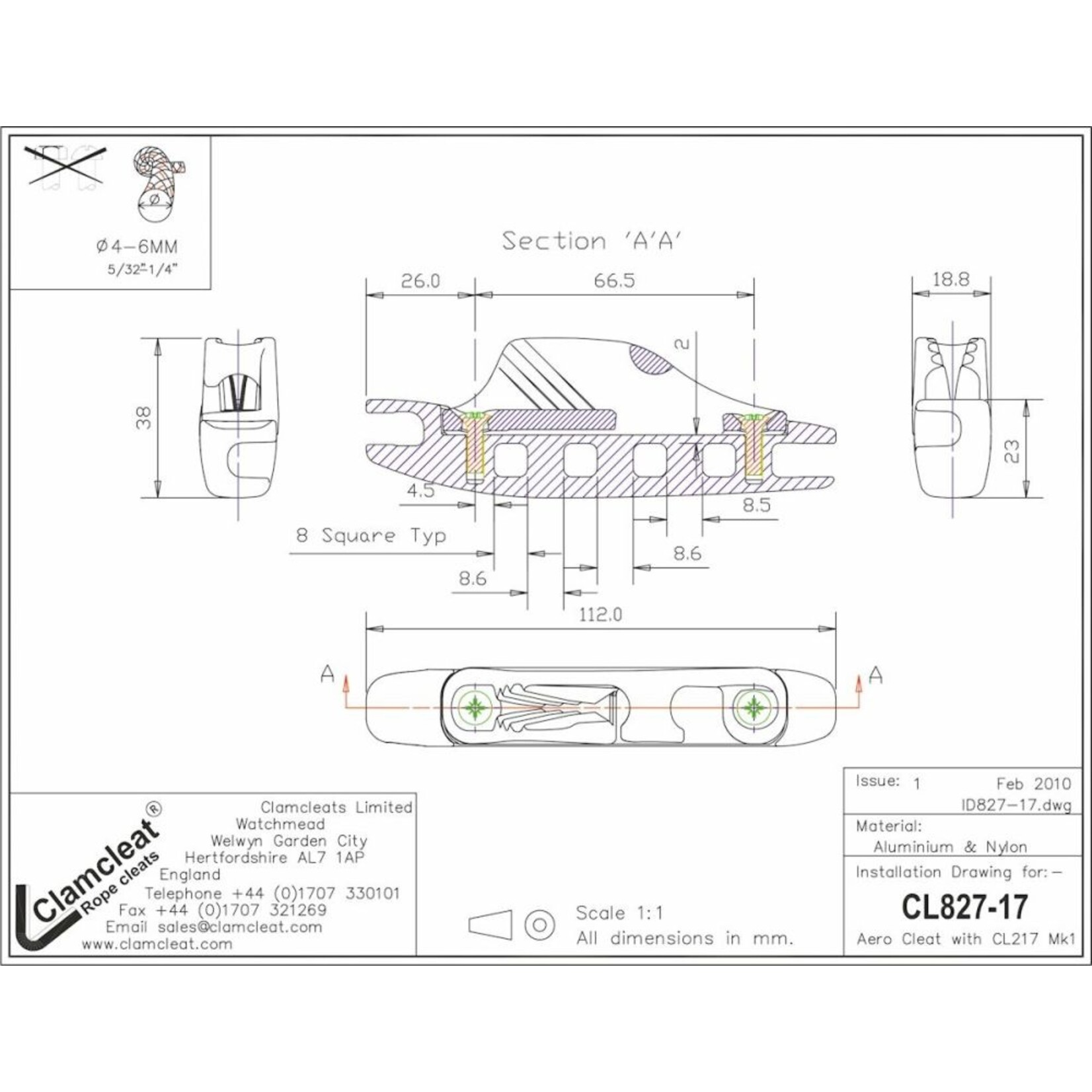 Clamcleat Aero Base with zilver CL217 MK1 Side-Entry Racing Junior (Starboard)