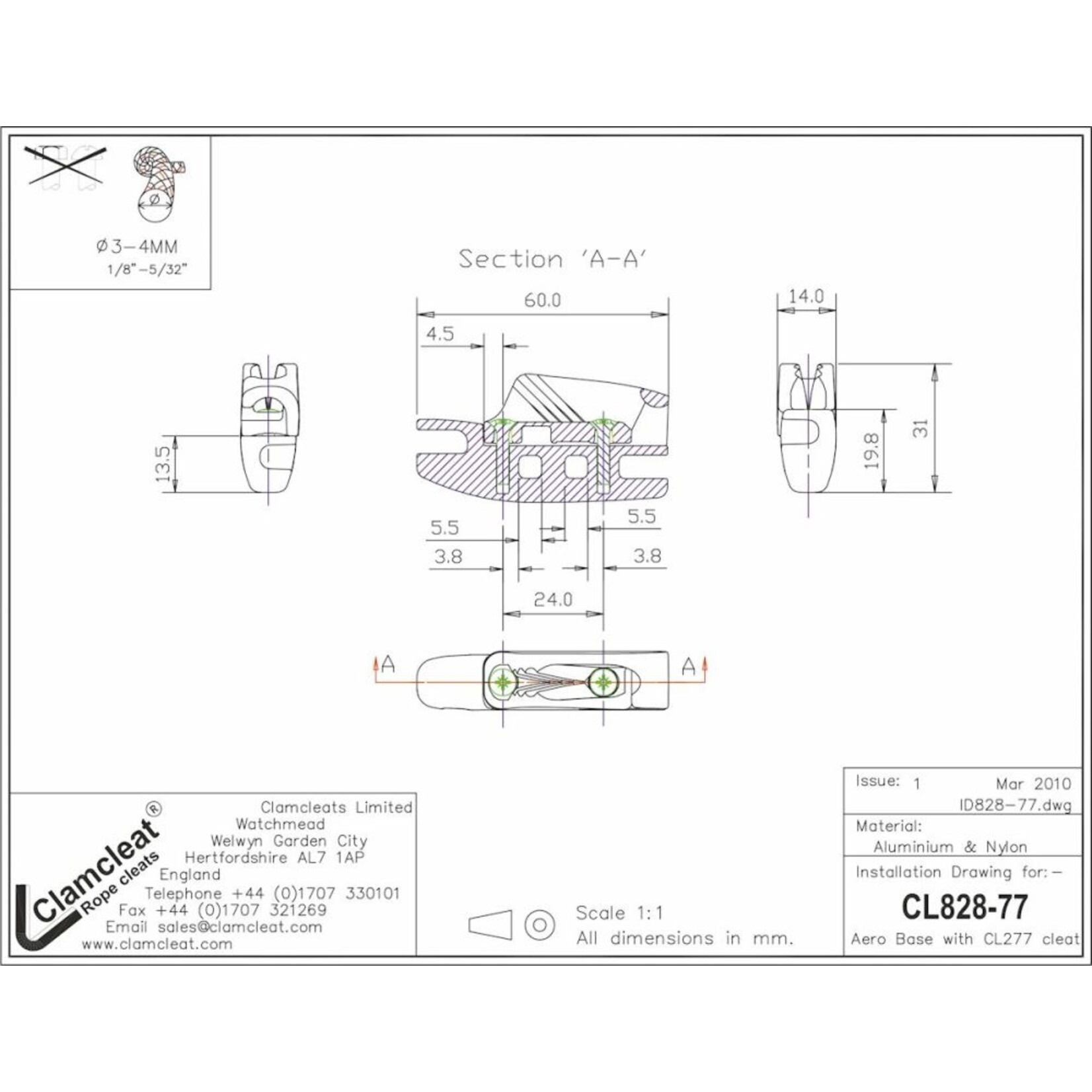 Clamcleat Aero Base with zilver CL277 Side-Entry Racing Micros (Starboard)