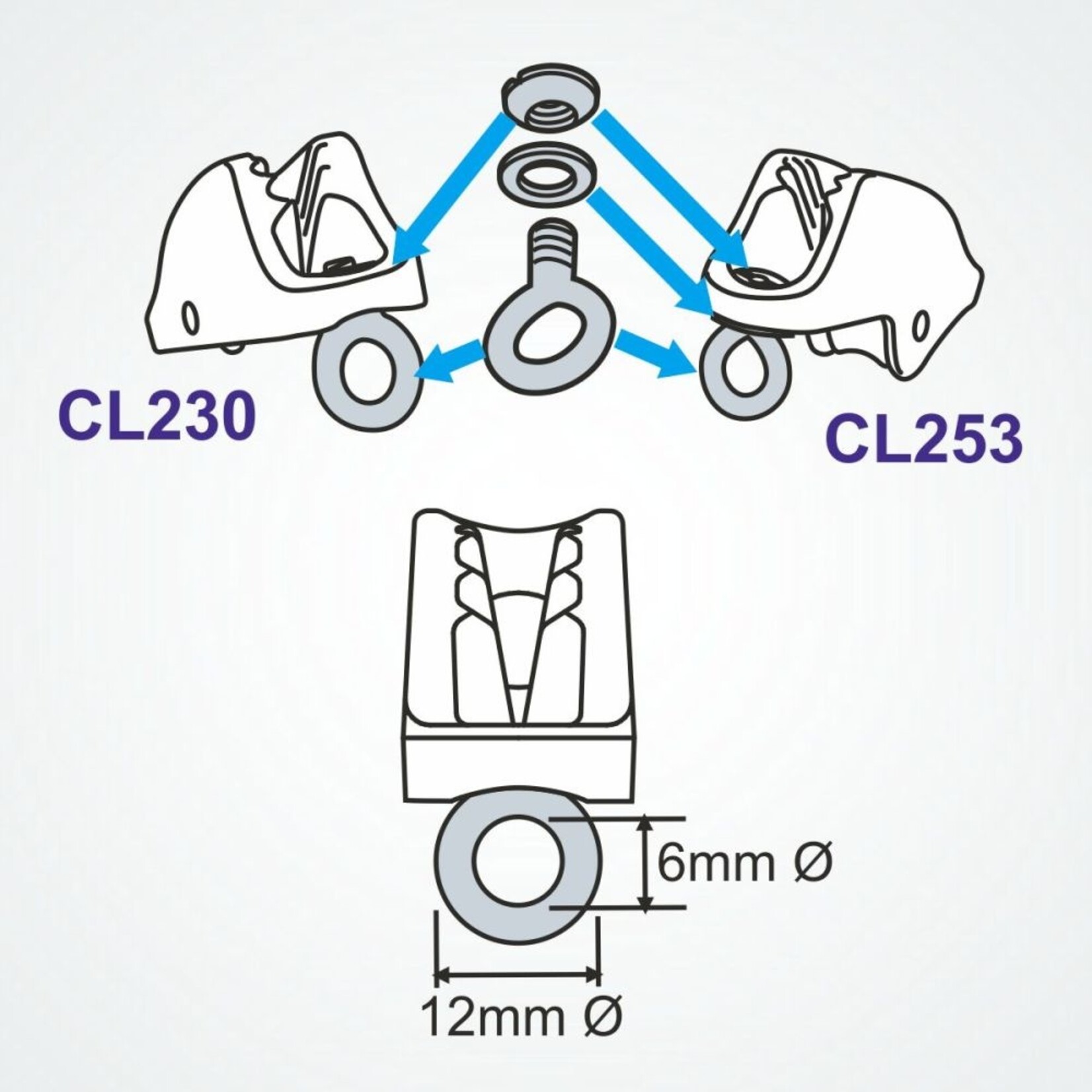 Clamcleat Rope Guide for CL230 & CL253 (Eyebolt + Nut + Washer)