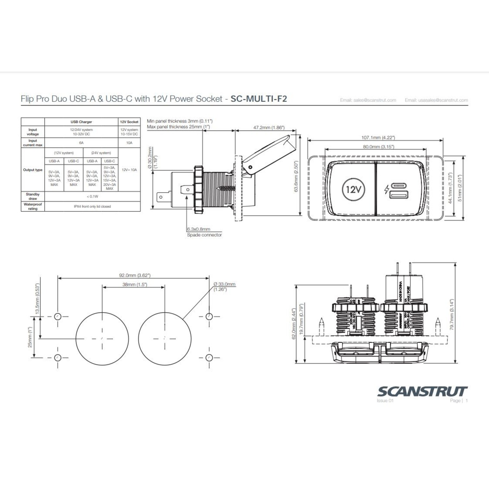 Scanstrut Flip Pro Duo - USB-A/C & 12V Power Socket