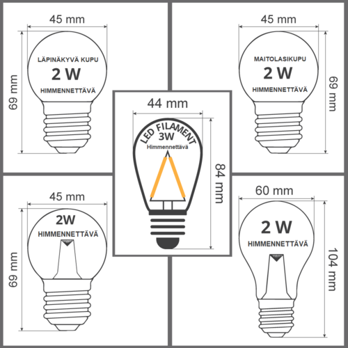 2W tai 3W Himmennettäviä LED-lamppuja (sopii valoketjuihin)