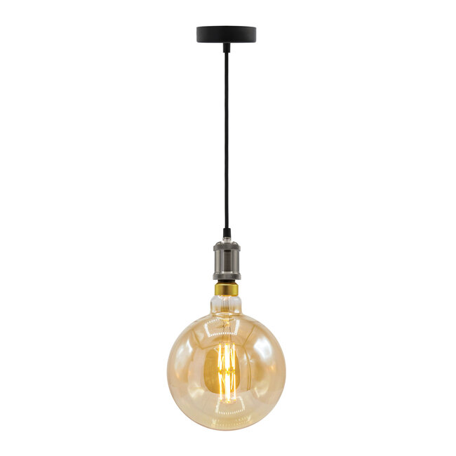 Moderni hopeinen johtoriippuvalaisin, sis. 8,5–10 W XXXL-lamppu, meripihkalasi, 2000 K, Ø200 mm