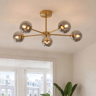 Industriële goudkleurige plafondlamp met smoke glas en spiegeleffect, 5-lichts - Leah