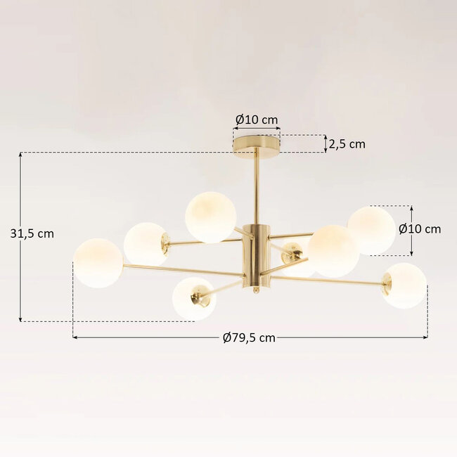 Design hiekanvärinen kultainen kattovalaisin maitolasilla - 8-lamppuinen Idaho
