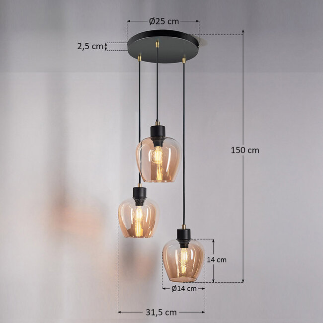 3-lamppuinen design-riippuvalaisin Stockton – mattamusta ja meripihkalasi