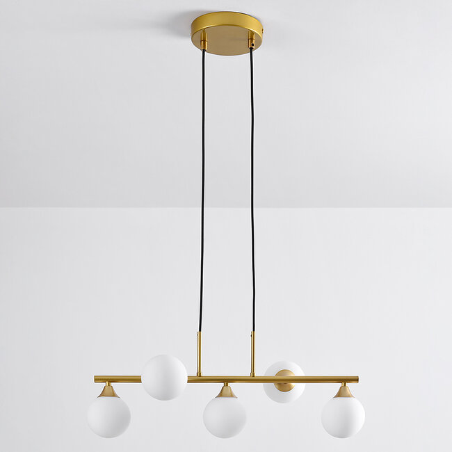 5-lamppuinen design-riippuvalaisin Donny, maitolasiset pallot