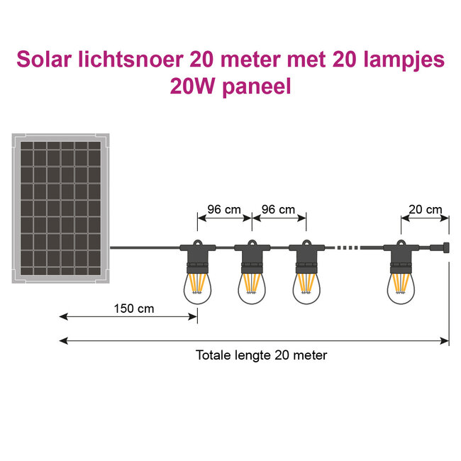 Aurinkovalosarja 20 metriä 20 W-muotoisella lampulla ja 20W aurinkopaneelilla