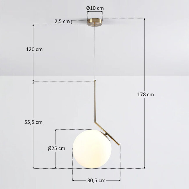 Design-riippuvalaisin Roy, lasipallo – maitolasi ja kulta