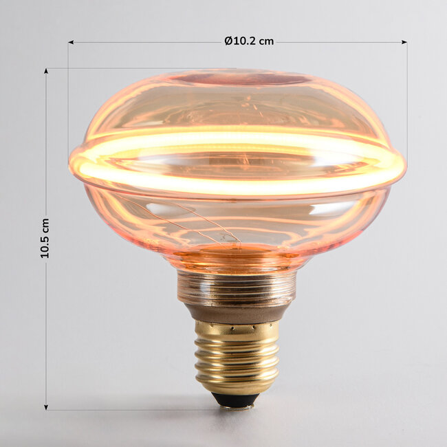 4W himmennettävä UFO-filamenttilamppu E27, Ø10 cm, 1800K, meripihkalasi vaakasuoralla renkaalla