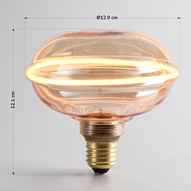4W himmennettävä UFO-filamenttilamppu E27, Ø13 cm, 1800K, meripihkalasi vaakasuoralla renkaalla