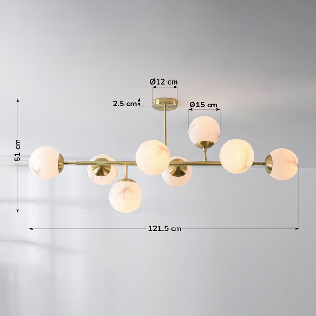 Design-kattovalaisin Osem kulta marmorikuvioisilla palloilla, 8-valoinen