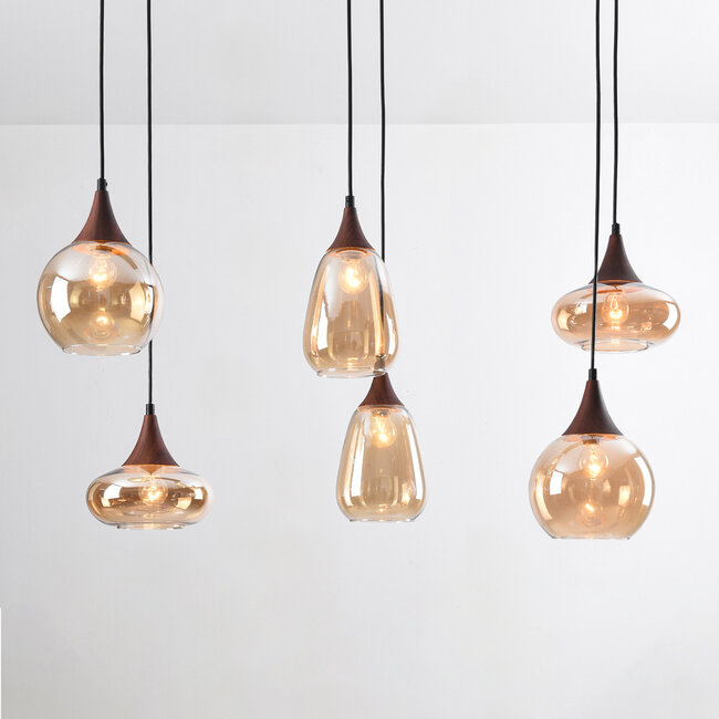 Hanglamp met amber glas en donkere houtoptiek, 6-lichts - Loic