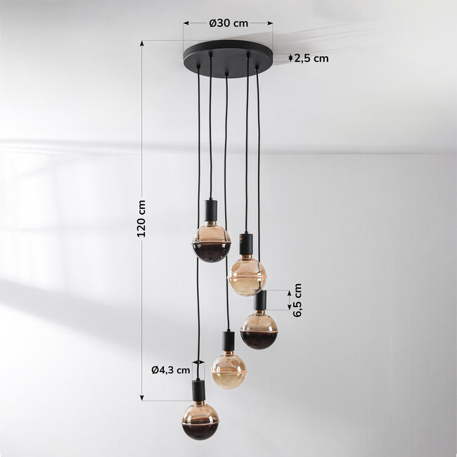 5-lamppuinen riippuvalaisin Illumine - musta, sarja himmennettävin E27 LED-lampuin