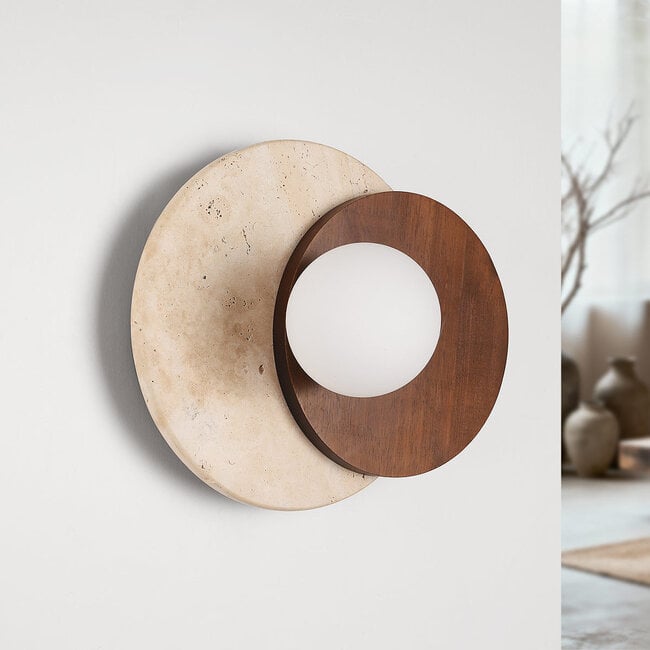 Moderne wandlamp Yacif van travertin (natuursteen) en hout