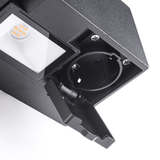 Buiten wandlamp Fora met LED, 2 stopcontacten en schemerschakelaar – zwart