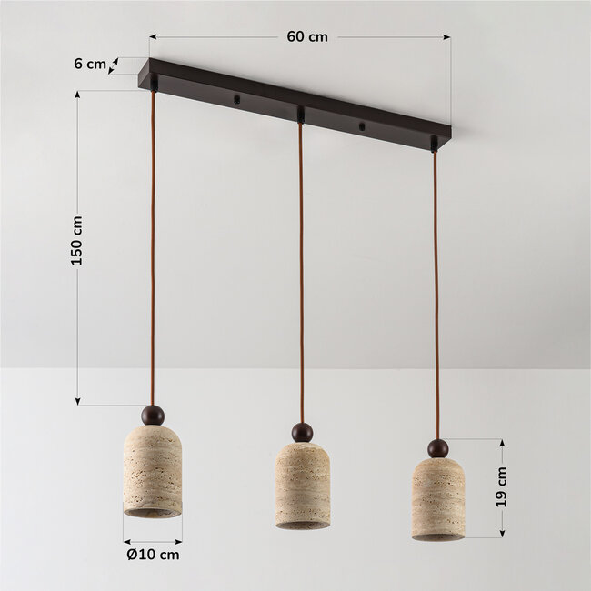3-lamppuinen Japandi-riippuvalaisin Voro - travertiini (luonnonkivi) ja puu