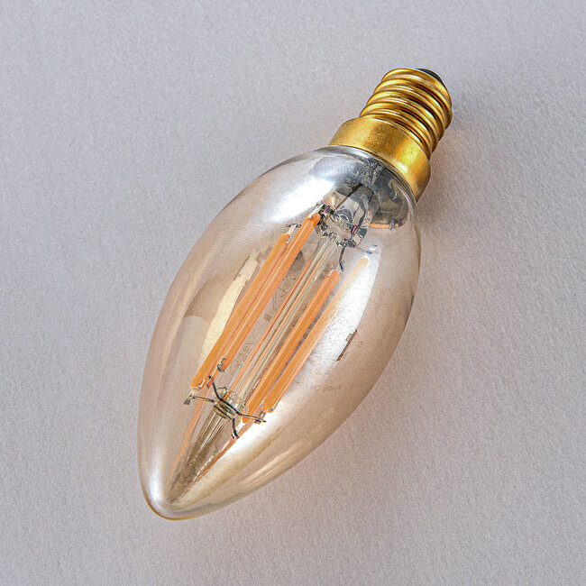 Himmennettävä E14 LED-filamenttikynttilälamppu Ø35 mm, meripihkalasi, 4,5 W, 2200 K