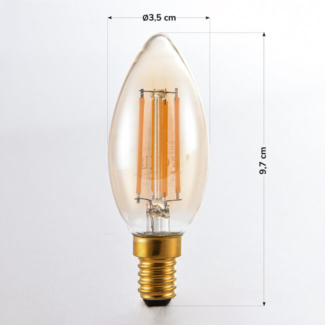 Himmennettävä E14 LED-filamenttikynttilälamppu Ø35 mm, meripihkalasi, 4,5 W, 2200 K