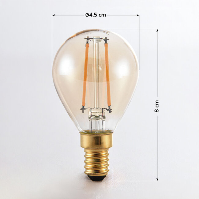 Himmennettävä E14 LED-filamenttilamppu Ø45 mm, meripihkalasi, 2,5 W, 2200 K