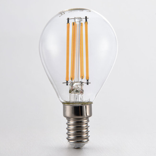 Himmennettävä E14 LED-filamenttilamppu Ø45 mm, kirkas lasi, 4,5 W, 2700 K