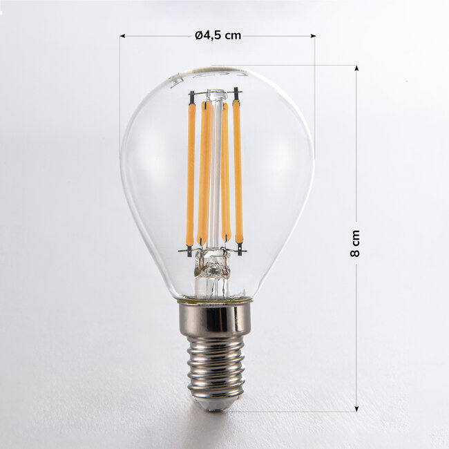 Himmennettävä E14 LED-filamenttilamppu Ø45 mm, kirkas lasi, 4,5 W, 2700 K