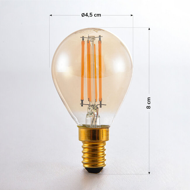 Kolmiportaisesti himmennettävä E14 LED-filamenttilamppu Ø45 mm, meripihkalasi, 4,5 W, 2700 K