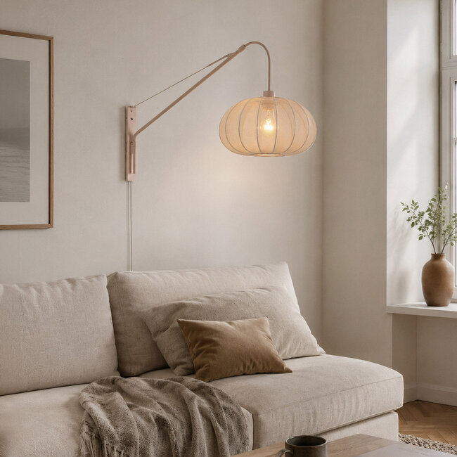 Säädettävä seinävalaisin Brandel - pyöreä vaaleanbeige kangasvarjostin