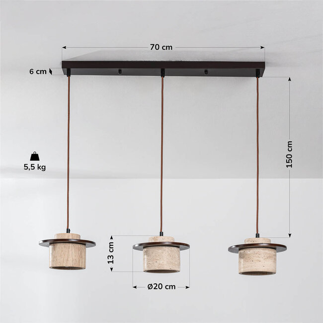 3-lamppuinen Japandi-riippuvalaisin Travano - travertiini (luonnonkivi) ja puu