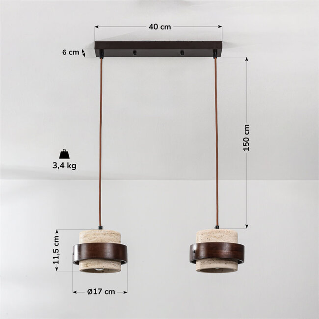 2-lamppuinen riippuvalaisin Travé - travertiini (luonnonkivi) ja puu