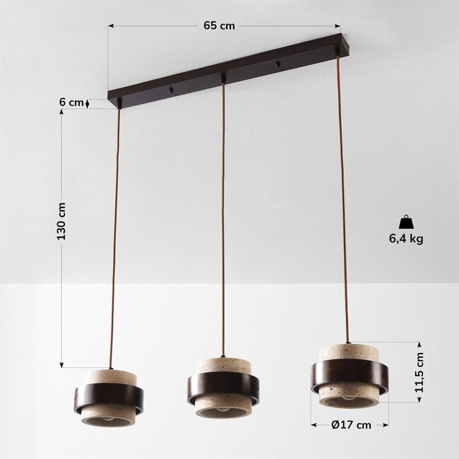Luonnollinen 3-lamppuinen riippuvalaisin Travé travertiinia (luonnonkivi) ja puuta