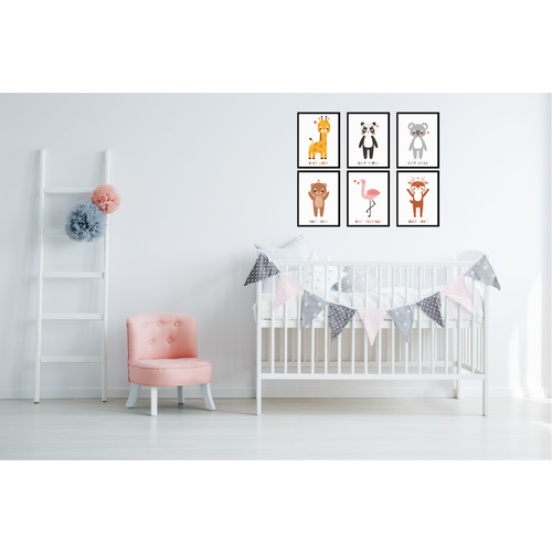 Happy Walls Babykamer Posters - Set van 6 Baby diertjes - A4 formaat 20x30 cm