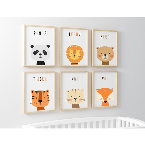 Happy Walls Babykamer Posters - Set van 6 Dieren - A4 formaat 20x30 cm