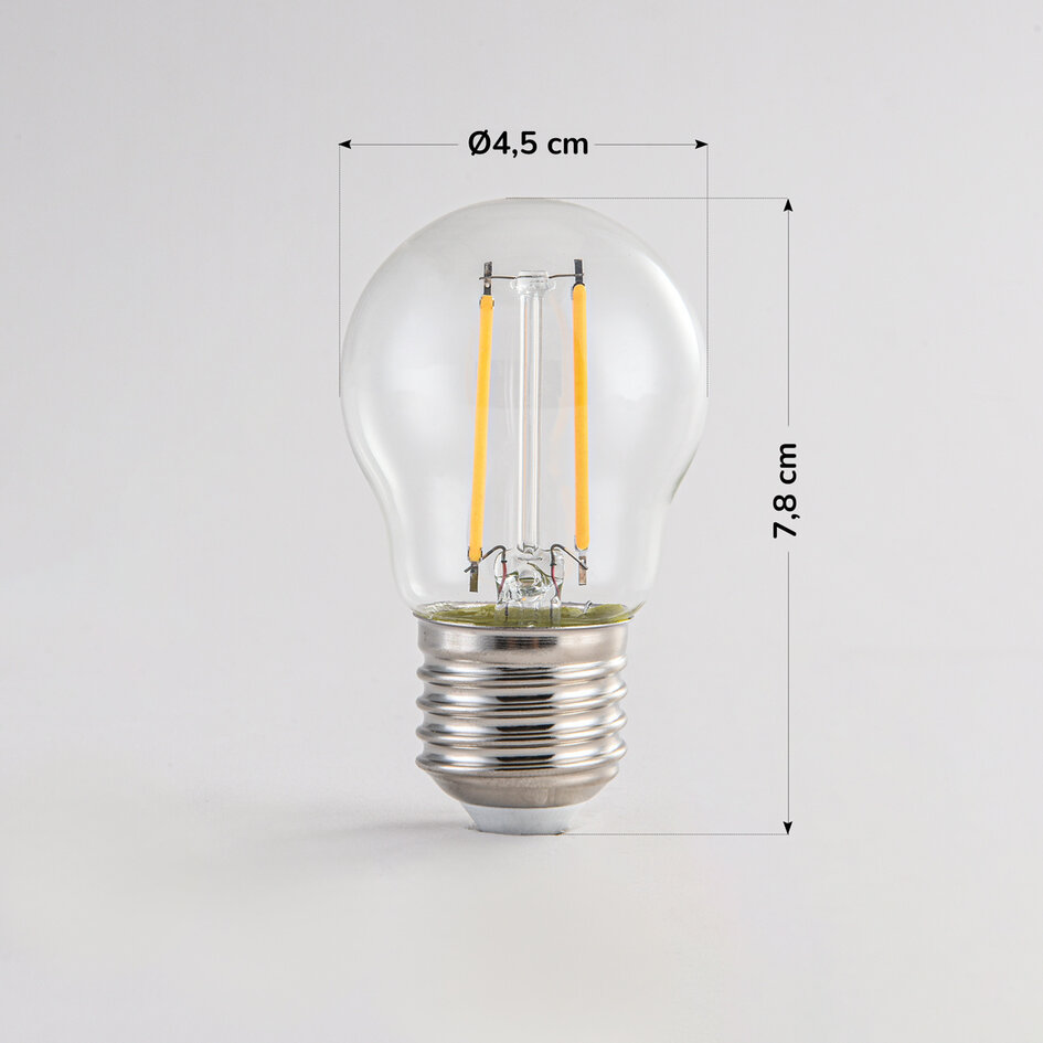 2,5W i 4,5W żarówka filamentowa, 2700K, przezroczyste szkło Ø45 - ściemnialne