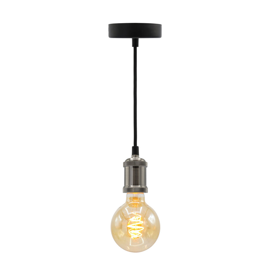 Nowoczesna srebrna lampa wisząca na przewodzie w zestawie z lampą XL 5W, szkło bursztynowe, 1800K, Ø95