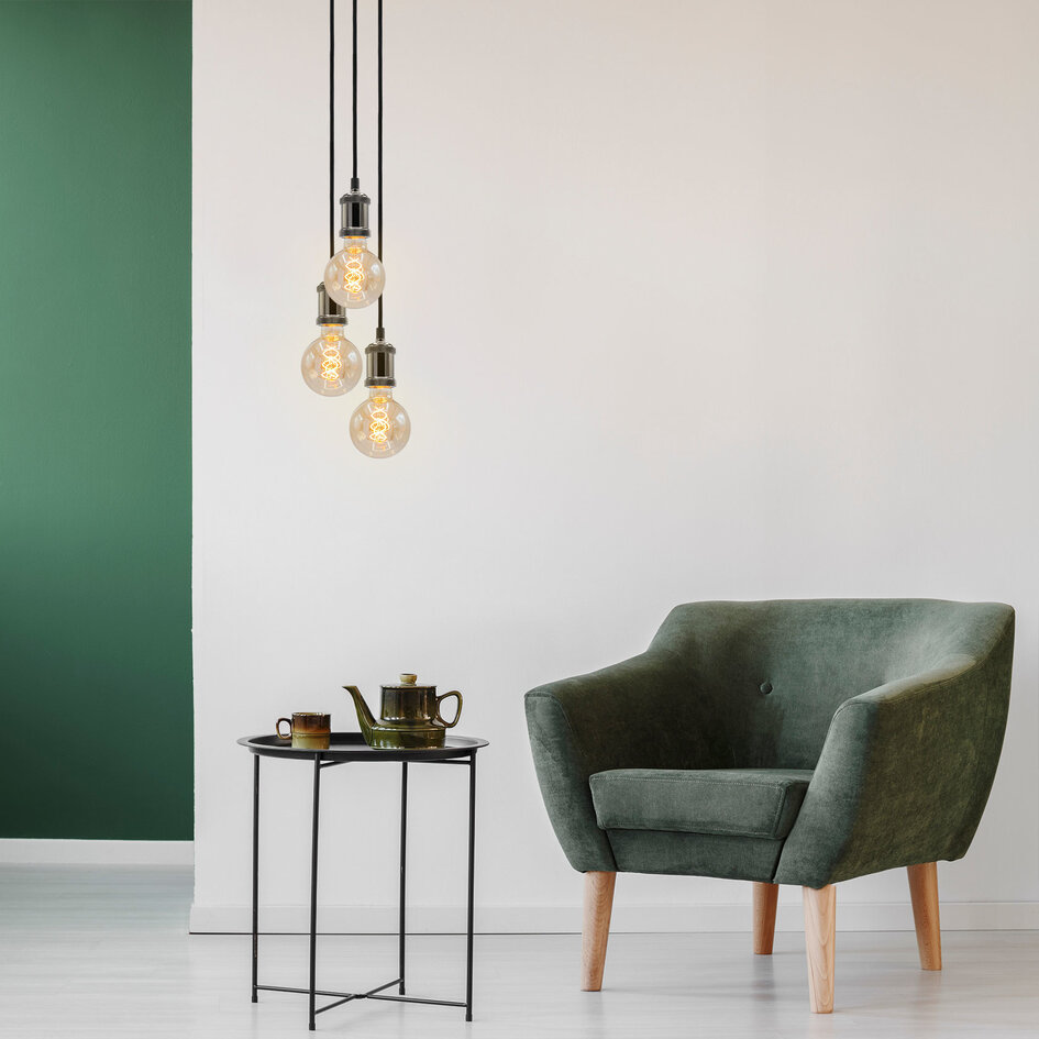 Nowoczesna błyszcząca czarna lampa wisząca na przewodzie w zestawie z lampą XL 5W, szkło bursztynowe, 1800K, Ø95
