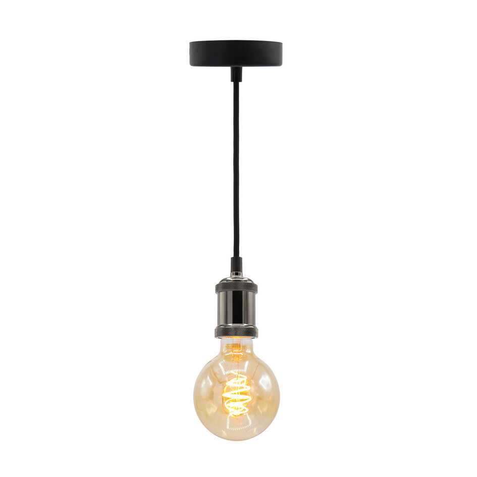 Nowoczesna błyszcząca czarna lampa wisząca na przewodzie w zestawie z lampą XL 5W, szkło bursztynowe, 1800K, Ø95