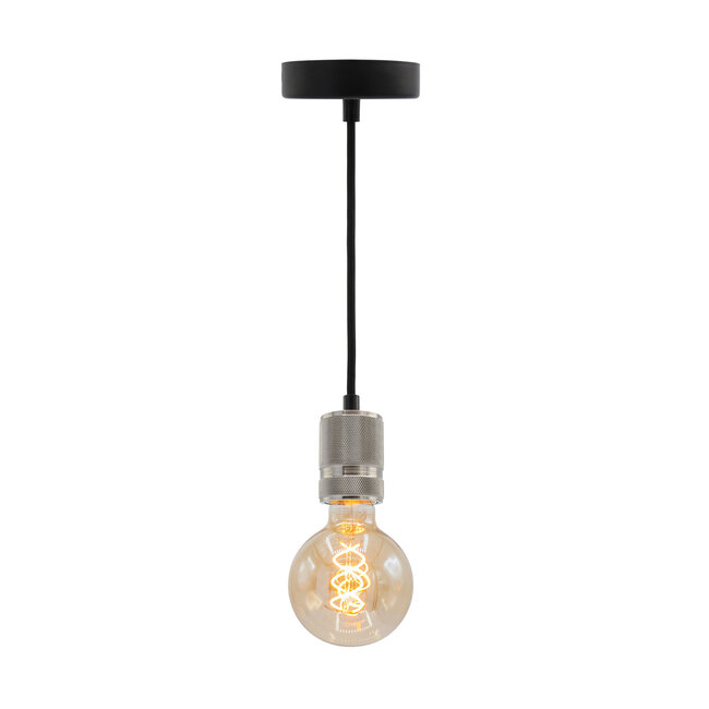 Industrialna srebrna lampa wisząca na przewodzie z żarówką XL 5W, szkło bursztynowe, 1800K, Ø95