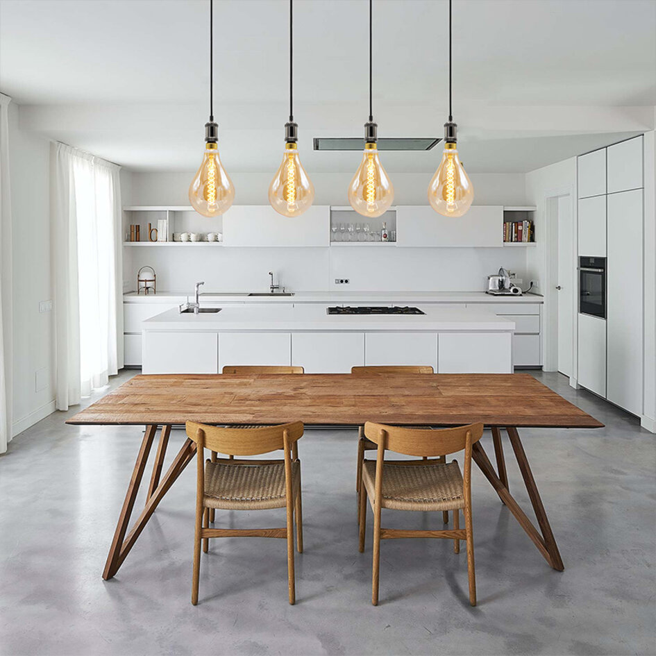 Nowoczesna błyszcząca czarna lampa wisząca na przewodzie z lampą XXL 8,5W do 10W, szkło bursztynowe, 2000 K, Ø160