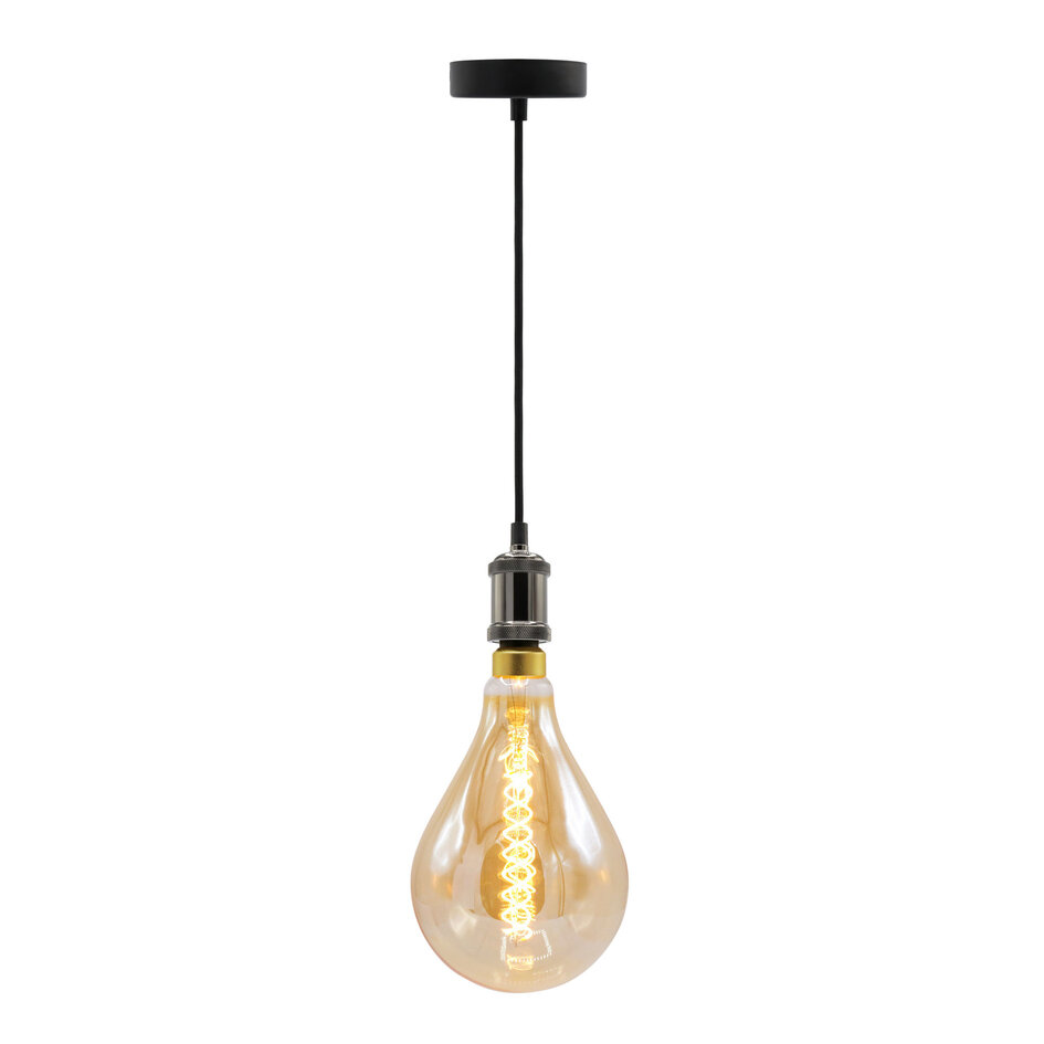 Nowoczesna błyszcząca czarna lampa wisząca na przewodzie z lampą XXL 8,5W do 10W, szkło bursztynowe, 2000 K, Ø160