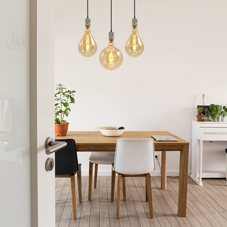 Industrialna srebrna lampa wisząca na przewodzie z żarówką XXL 8,5W do 10W, szkło bursztynowe, 2000K, Ø160