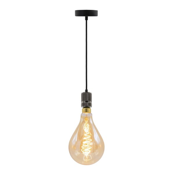 Industrialna błyszcząca czarna lampa wisząca na przewodzie w zestawie z lampą XXL 8,5W do 10W, szkło bursztynowe, 2000K, Ø160