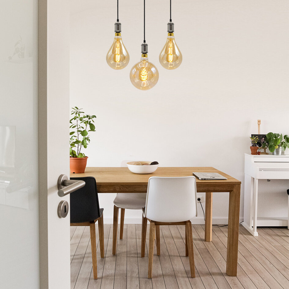Nowoczesna srebrna lampa wisząca na przewodzie, w zestawie żarówka XXXL o mocy od 8,5 W do 10 W, szkło bursztynowe, 2000 K, Ø200
