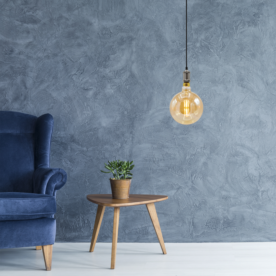 Nowoczesna srebrna lampa wisząca na przewodzie, w zestawie żarówka XXXL o mocy od 8,5 W do 10 W, szkło bursztynowe, 2000 K, Ø200