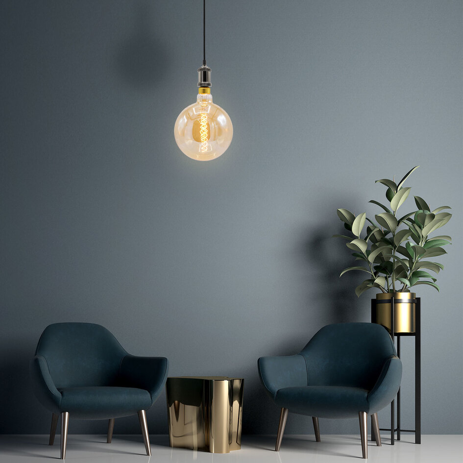 Nowoczesna, błyszcząca czarna lampa wisząca na przewodzie z żarówką XXXL 8,5W do 10W, szkło bursztynowe, 2000K, Ø200