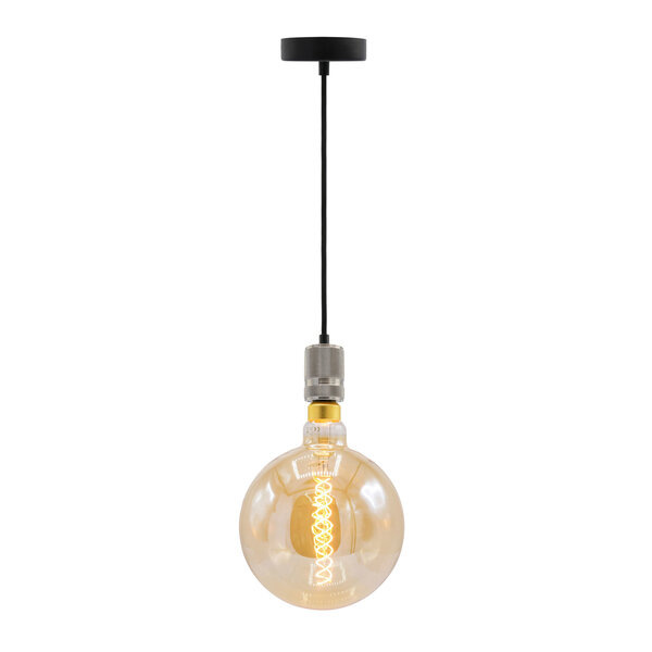 Industrialna srebrna oprawa wisząca na przewodzie w zestawie z lampą XXXL 8,5W do 10W, szkło bursztynowe, 2000 K, Ø200