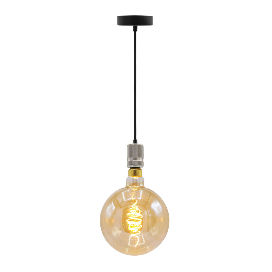 Industrialna srebrna oprawa wisząca na przewodzie w zestawie z lampą XXXL 8,5W do 10W, szkło bursztynowe, 2000 K, Ø200