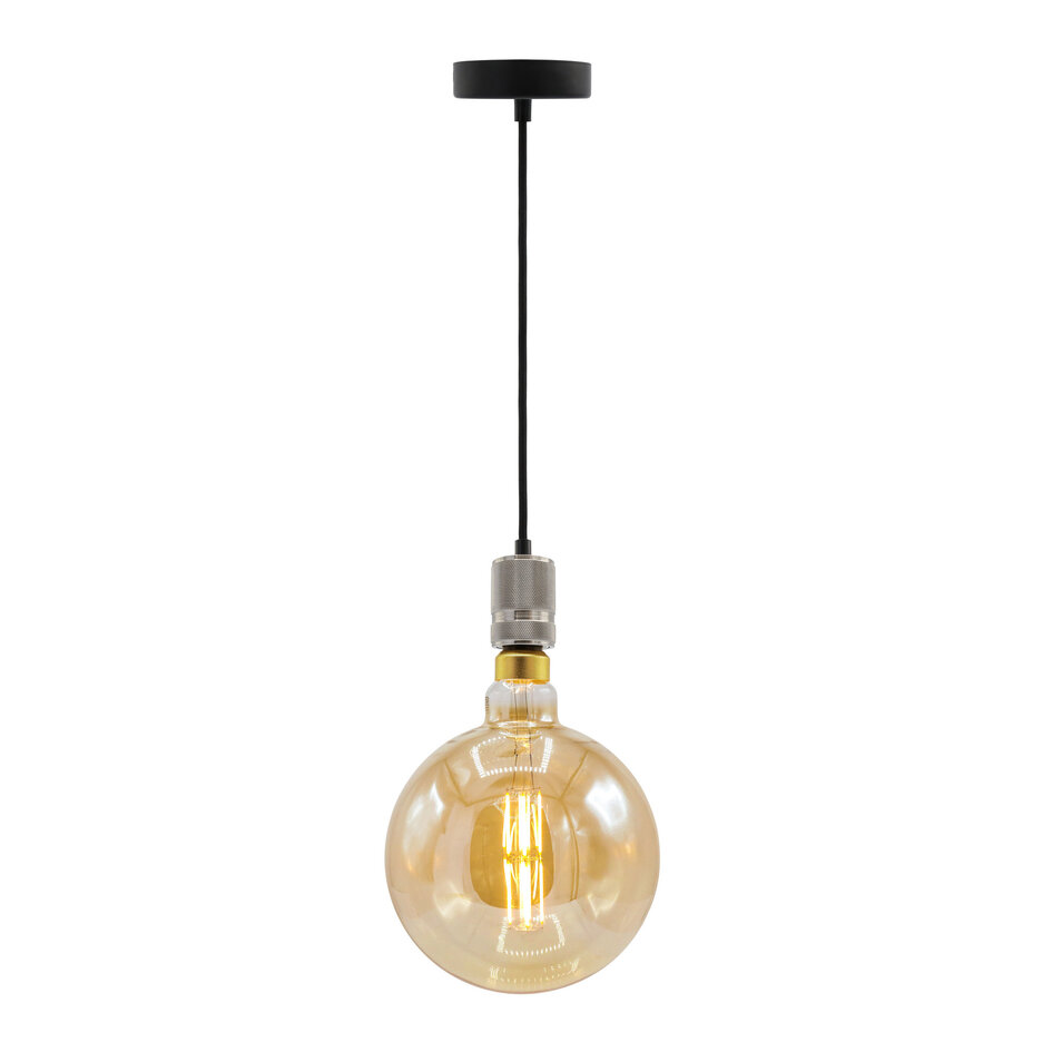 Industrialna srebrna oprawa wisząca na przewodzie w zestawie z lampą XXXL 8,5W do 10W, szkło bursztynowe, 2000 K, Ø200