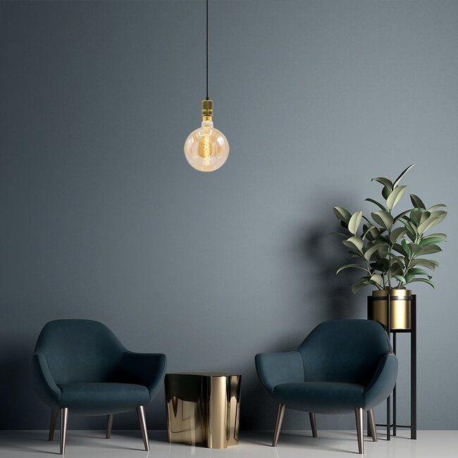 Industrialna złota lampa wisząca na przewodzie w zestawie z lampą XXXL 8,5W do 10W, szkło bursztynowe, 2000 K, Ø200