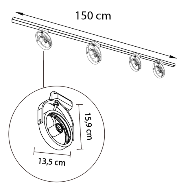 Nowoczesny 1-fazowy system szynowy 1,5 metra z reflektorami Skaly - lampa sufitowa